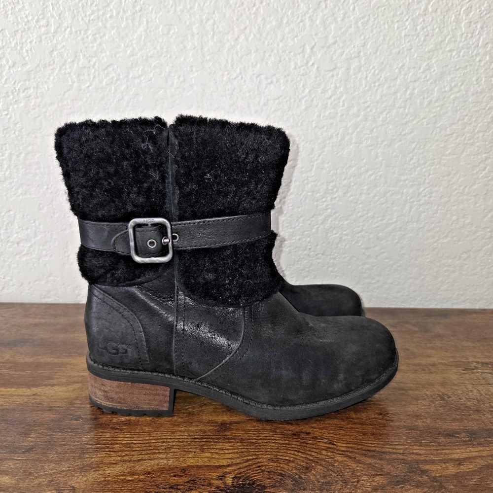 UGG Simmens Boot Women 5.5 Black Waterproof Leather Shearling Moto 1008220
